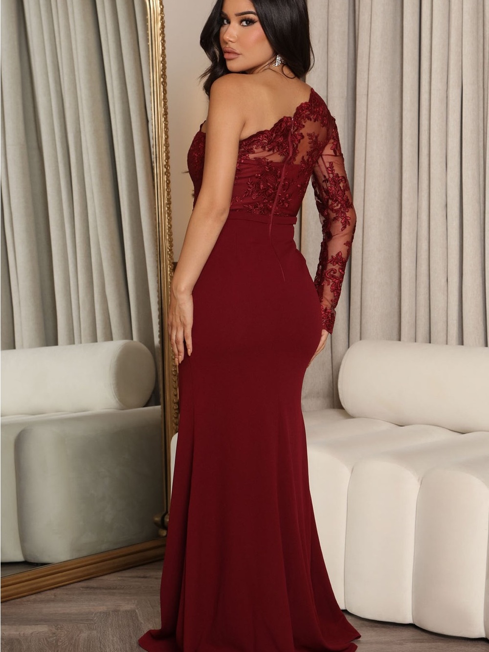 Fashion Nova One-Shoulder Wine Red Lace Evening Gown - Picture 2 of 5